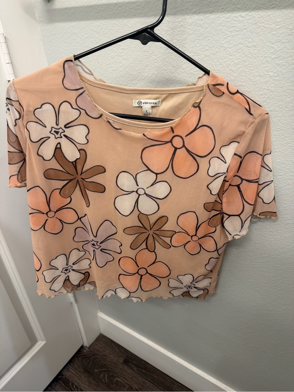 Versona Peach Floral Mesh Short Sleeve Top
